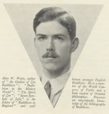 A young Alan Watts with a mustache, in a 1937 clipping
