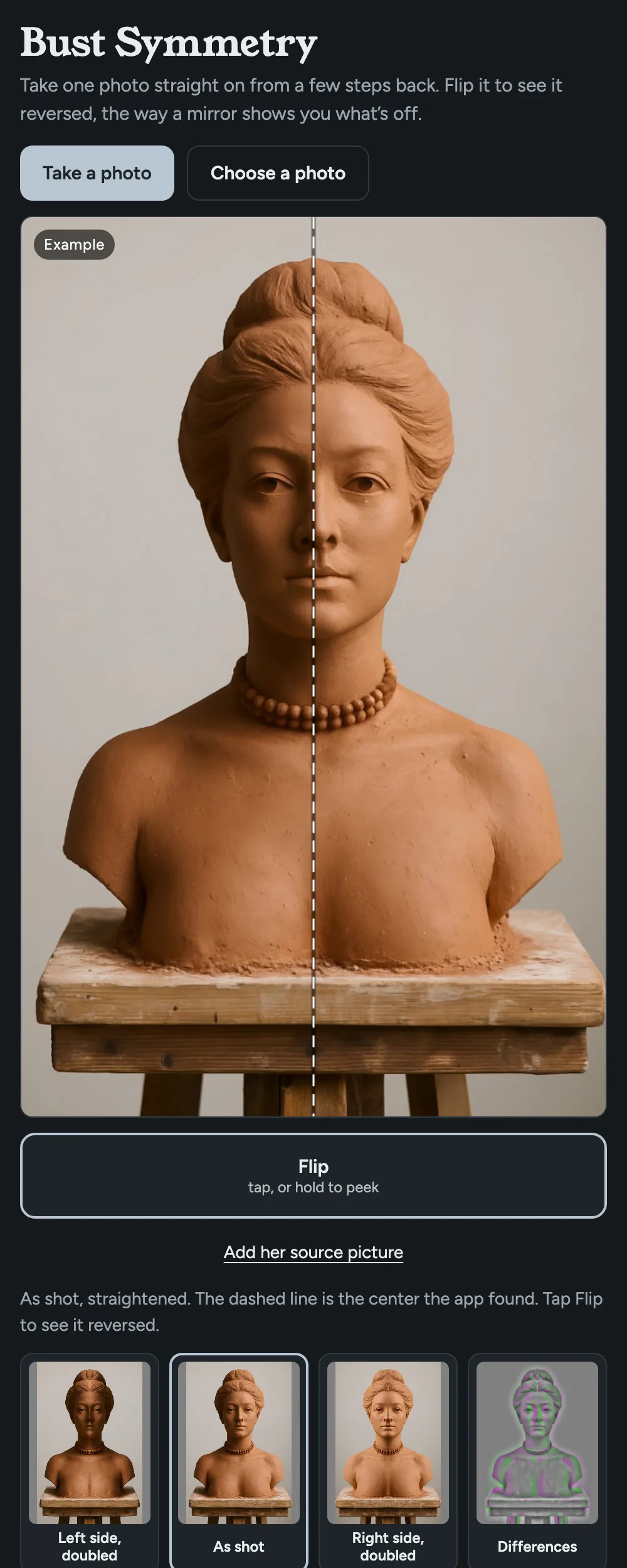 The Bust Symmetry app on a phone: the example bust with a dashed center line, a Flip button, an Add her source picture link, and four view thumbnails
