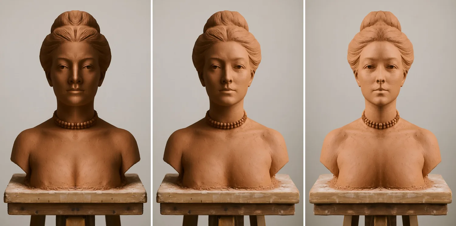 Three versions of a terracotta clay bust of a woman on a wooden stand: built from its left half twice, as shot, and built from its right half twice