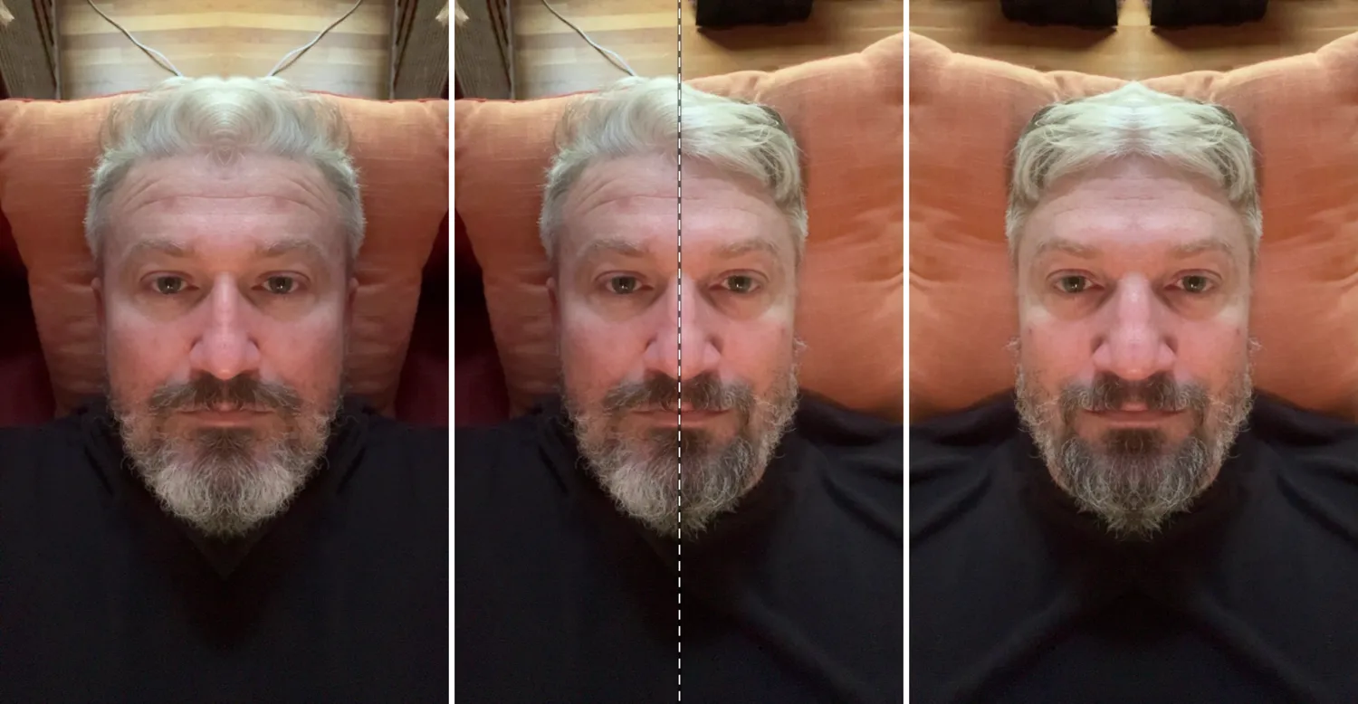 Three versions of a selfie of Lee lying on an orange cushion: left half doubled, as shot with a dashed center line, right half doubled