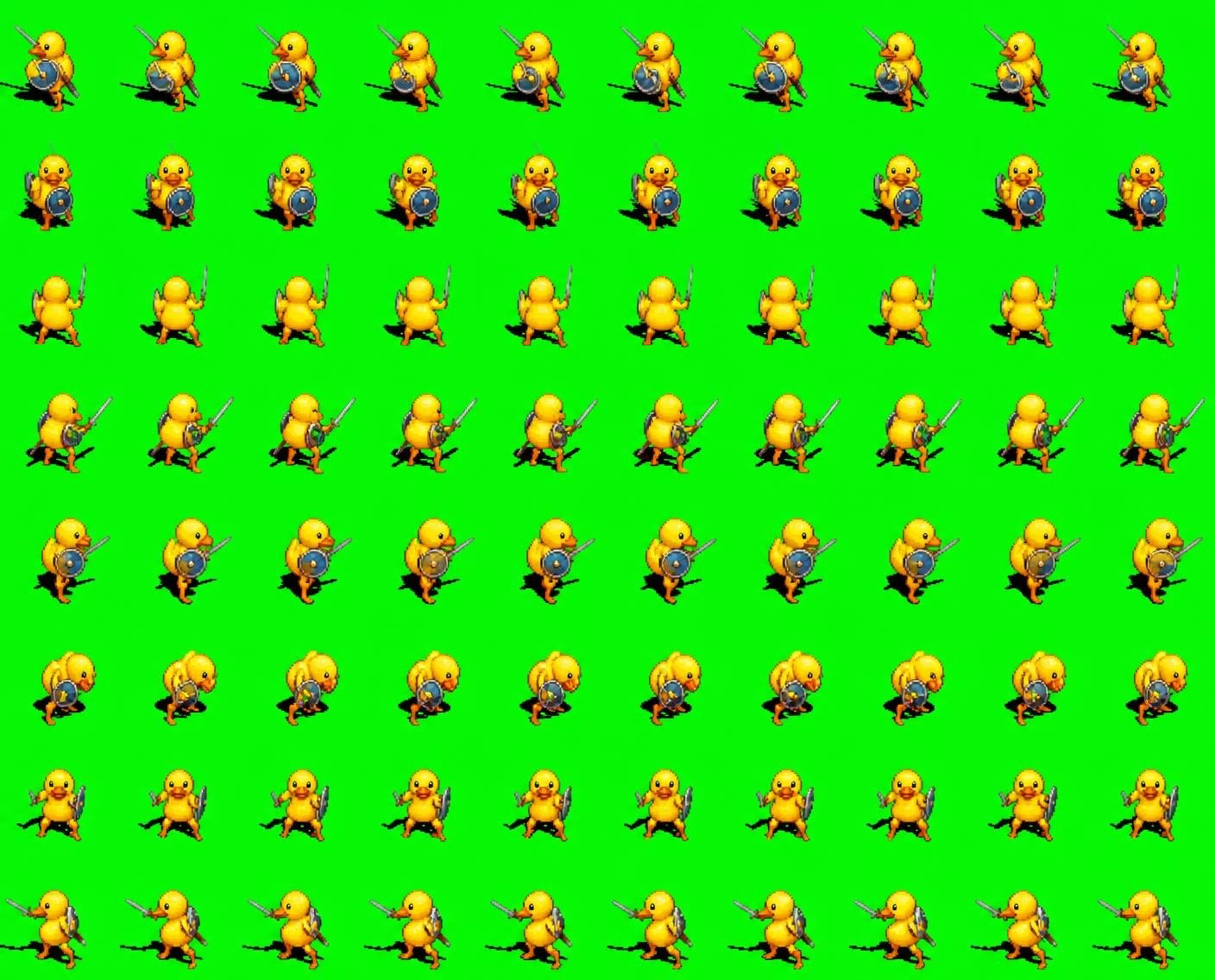 A sheet of duck sprites from an image generator, each frame a slightly different duck