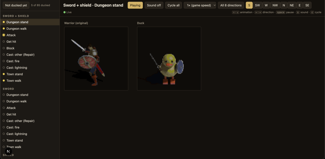 The animation previewer listing every warrior animation