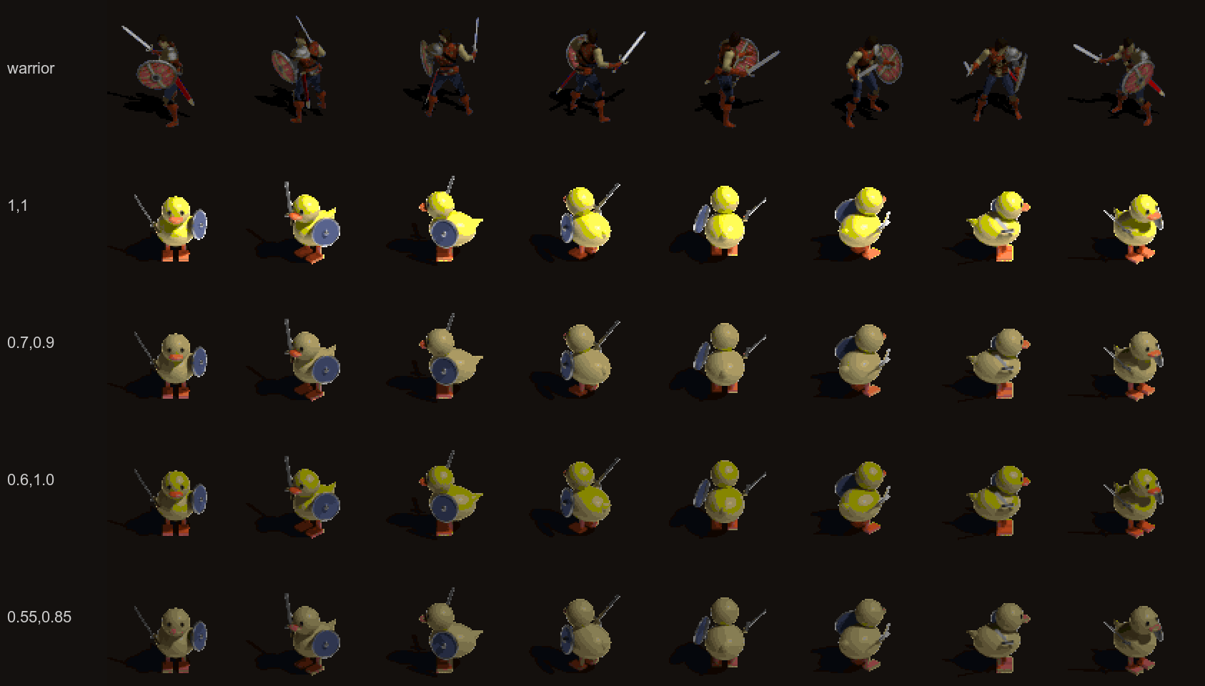 The warrior next to the duck at four brightness and saturation settings
