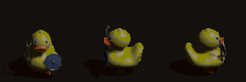 A yellow rubber duck with a sword and shield waddling, in Diablo's palette, from three angles