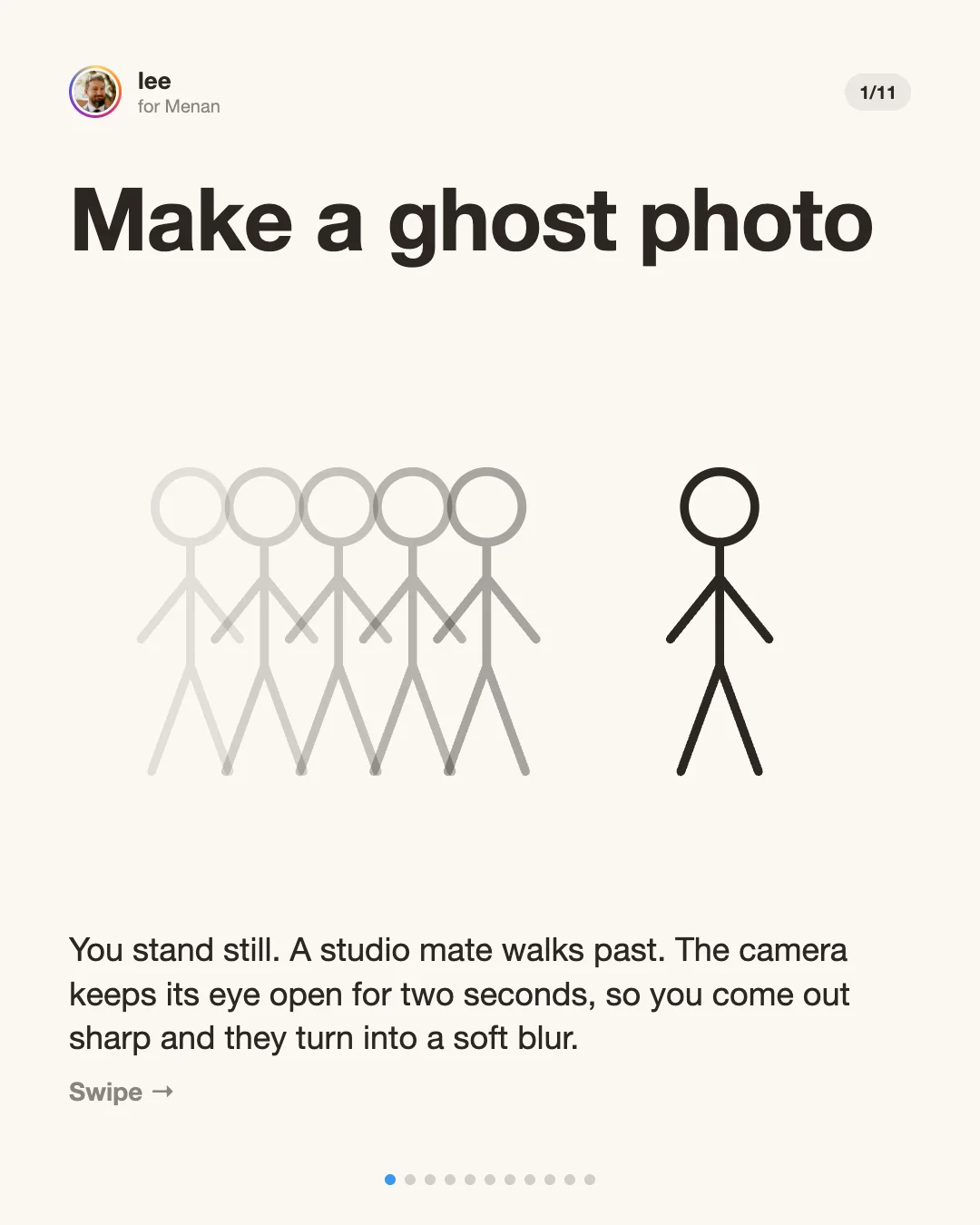 Slide 1: Make a ghost photo. Five faded stick figures walk past one solid figure standing still. You stand still, a studio mate walks past, and a two-second exposure turns them into a soft blur.