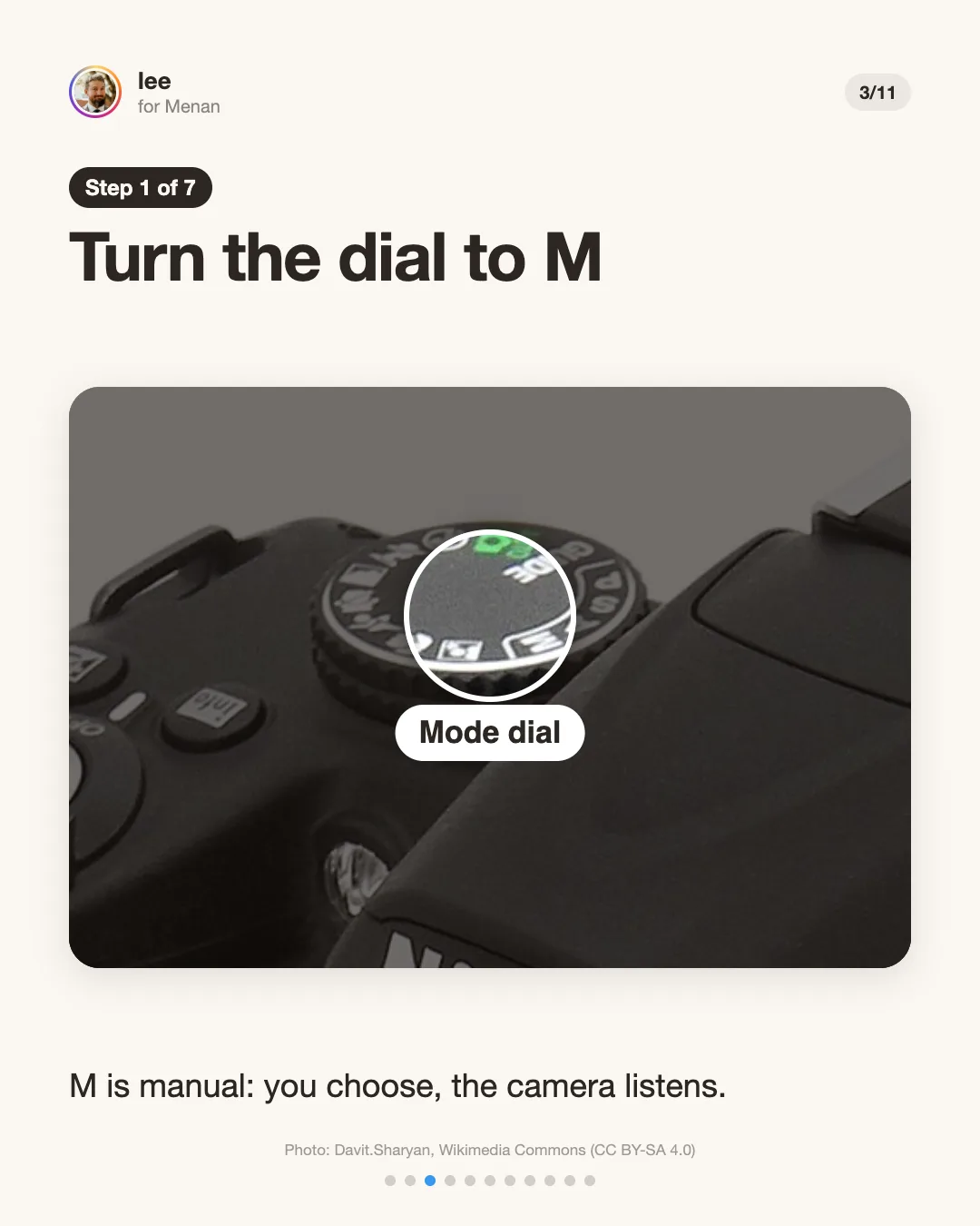 Step 1: Turn the dial to M. A close-up of the camera's mode dial, circled, with the rest dimmed.