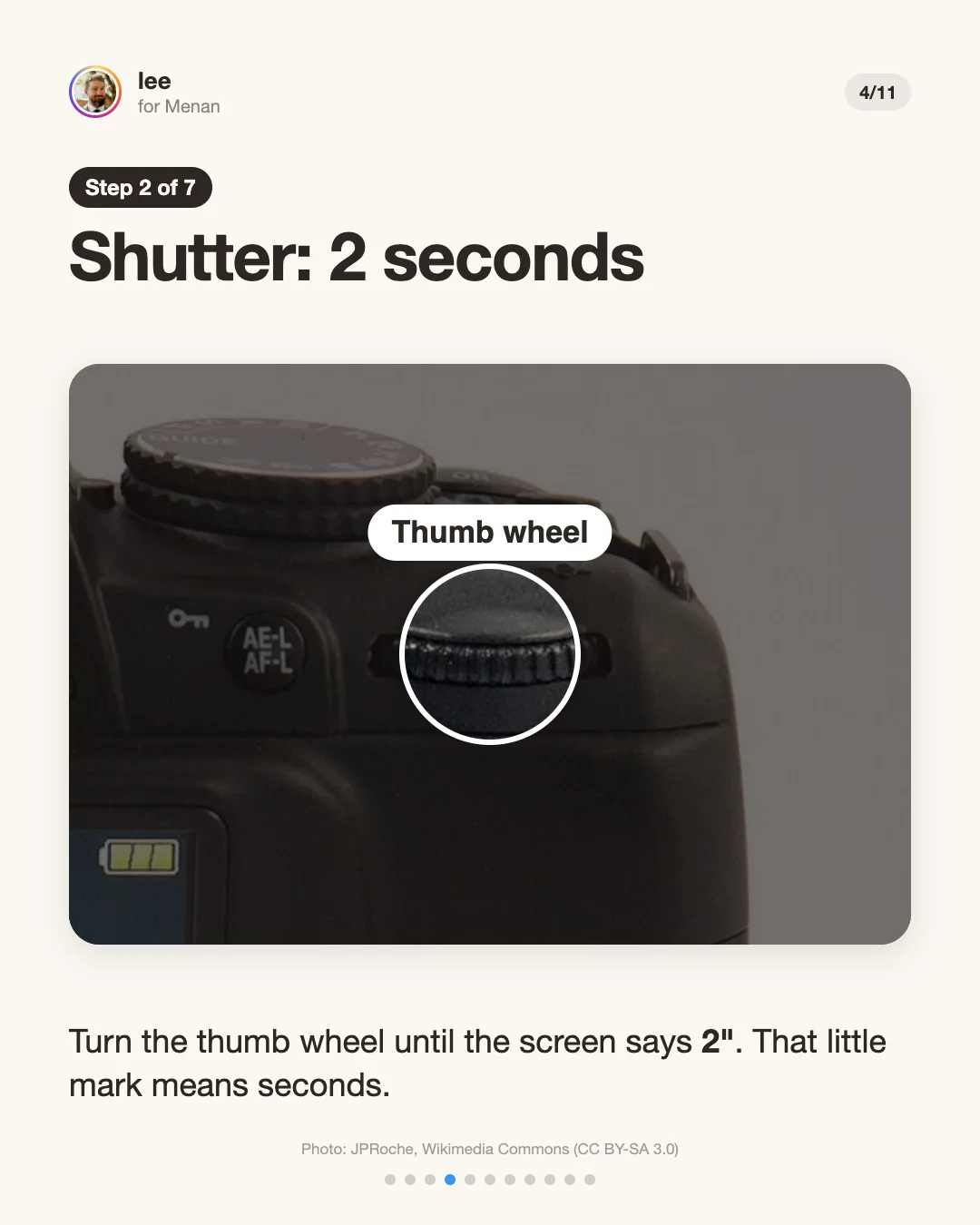 Step 2: Shutter, 2 seconds. The thumb wheel on the back, circled. Turn it until the screen says 2 seconds.