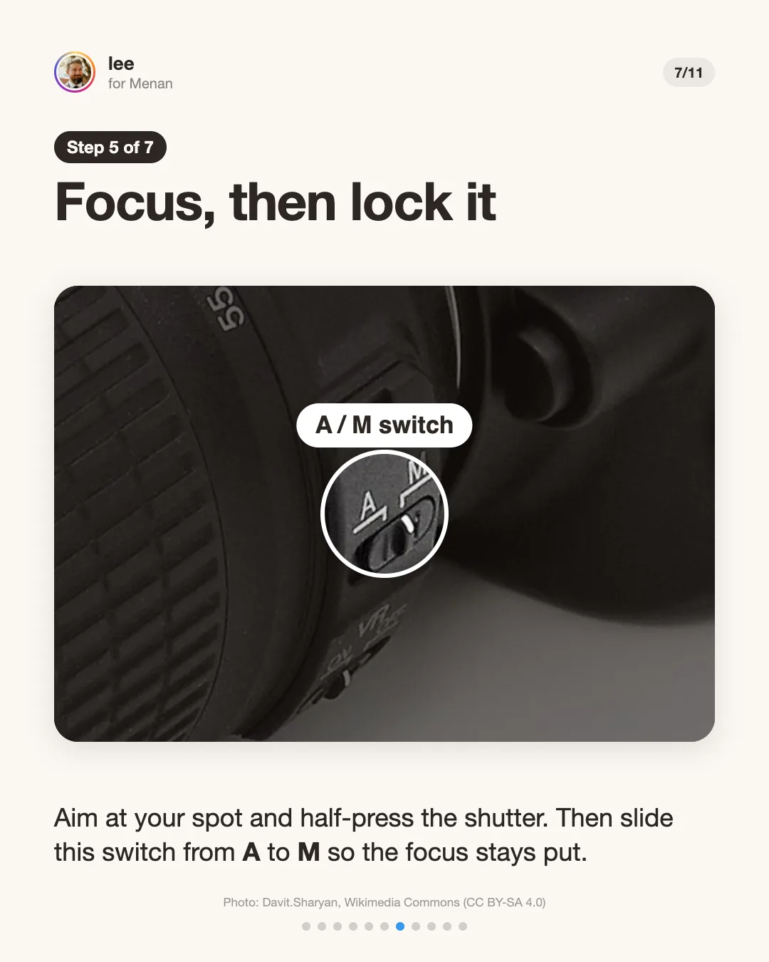 Step 5: Focus, then lock it. The A/M switch on the side of the lens, circled. Half-press to focus, then slide from A to M.