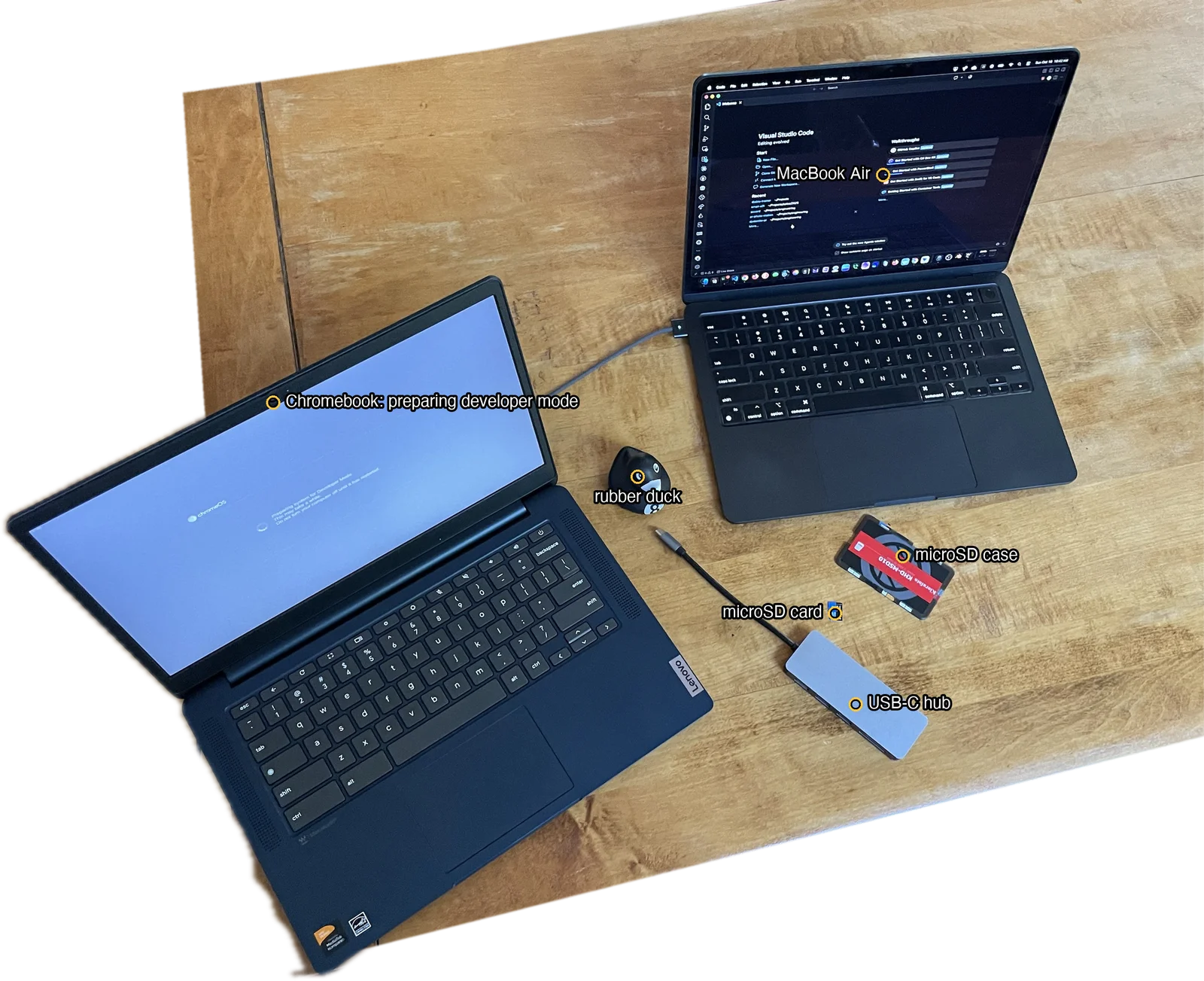 A Lenovo Chromebook showing the developer mode setup screen next to a MacBook Air, a rubber duck, a microSD card and its case, and a USB-C hub on a wooden table