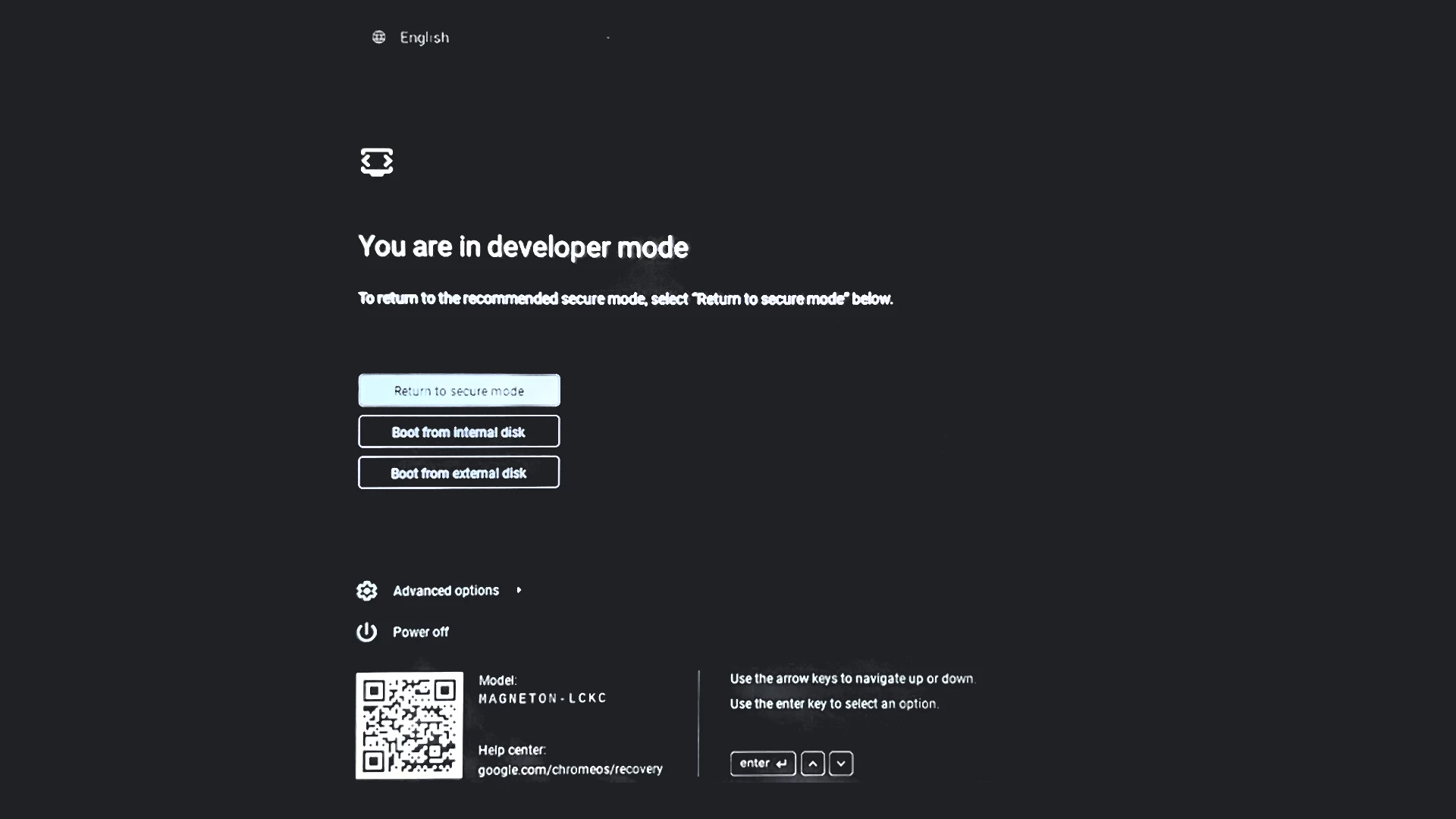 The ChromeOS firmware screen reading You are in developer mode, with buttons for Return to secure mode, Boot from internal disk and Boot from external disk, and the model MAGNETON-LCKC
