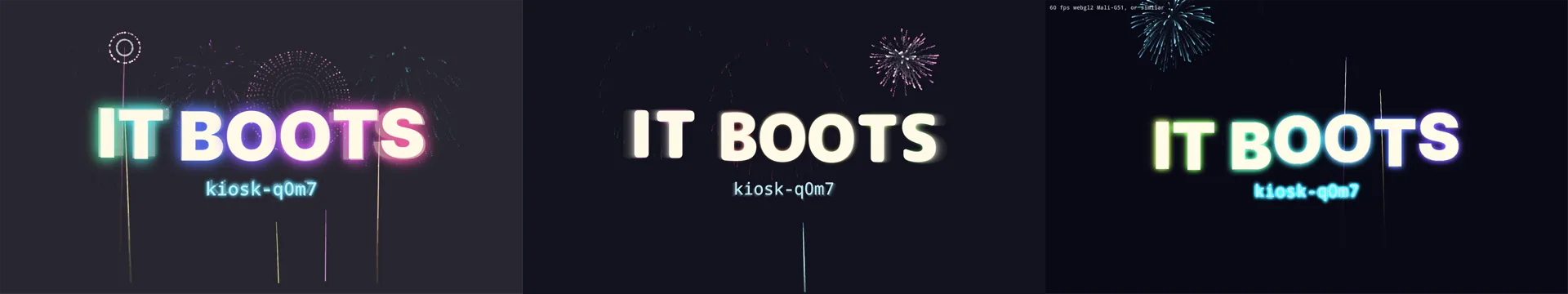 Three screenshots of the kiosk side by side. Left: the original Firefox version, with a gray haze over the background and rocket trails. Middle: the LÖVE version, with a plainer cream title and fireworks. Right: the WebGL version, with colored glows on the title and a frame-rate readout reading 60 fps in the corner