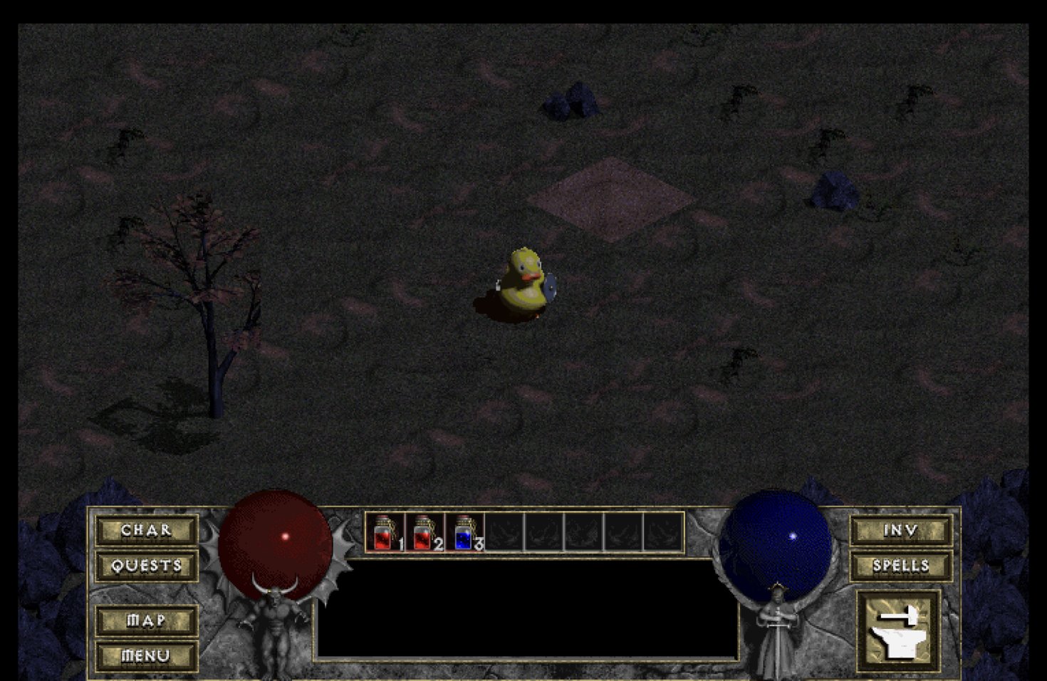 The rubber duck warrior standing in the grassy clearing in game, a dirt patch just ahead of it and a bare tree to the left
