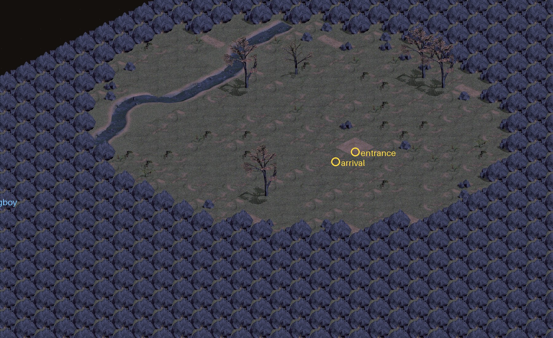 A grassy oval clearing ringed by boulders, with a creek running through the upper left and a dirt patch marked as the entrance