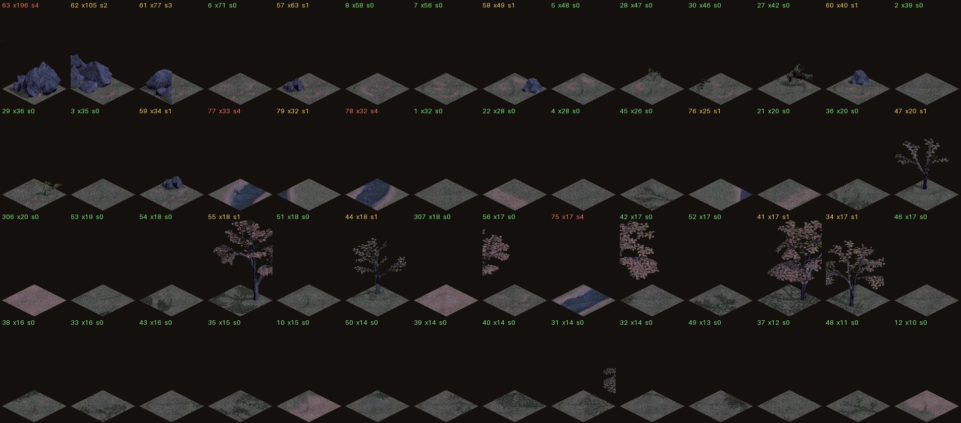Rows of isometric tiles from Diablo's town, each labelled with its number, use count and how many of its parts are solid