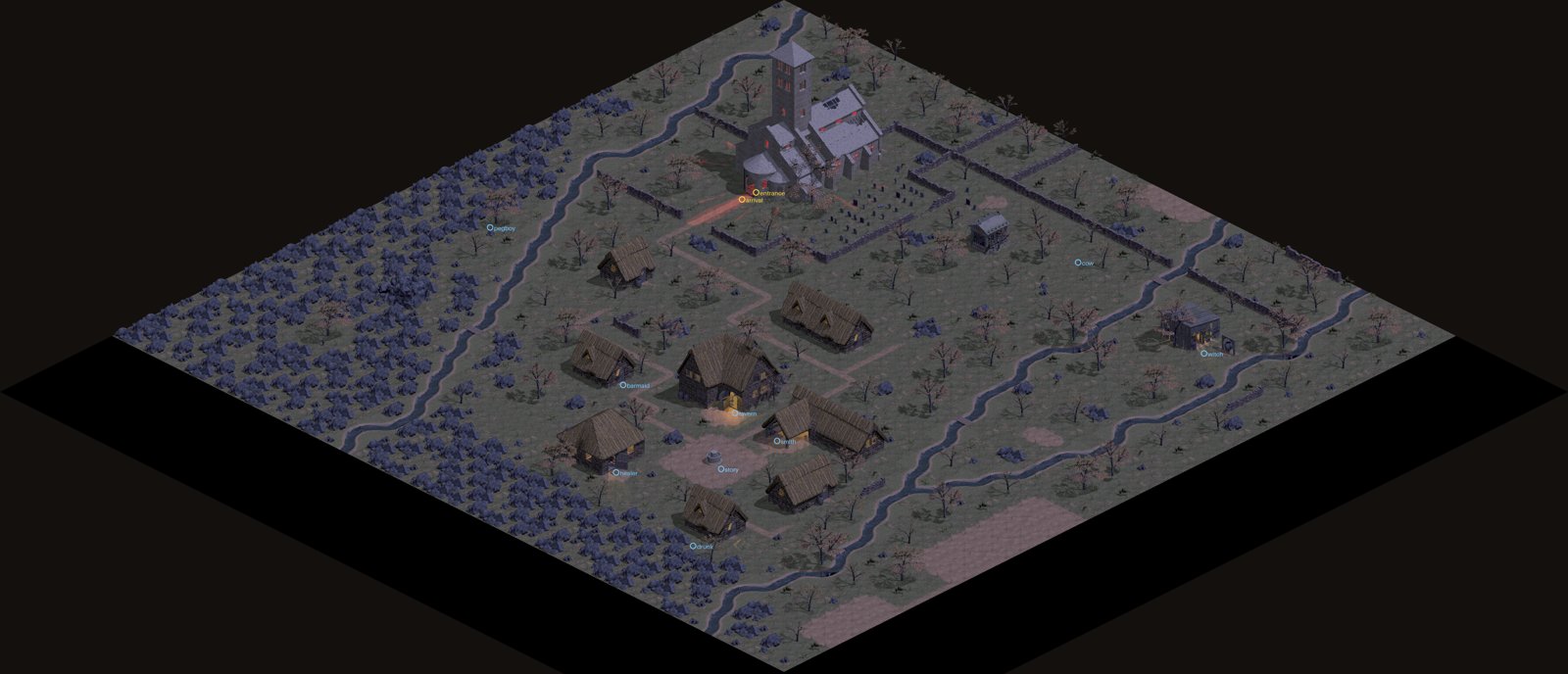 The whole of Tristram drawn from the game files: the cathedral at the top, thatched houses around the well, the creek, and the forest to the west, with labels on the entrance and each townsperson