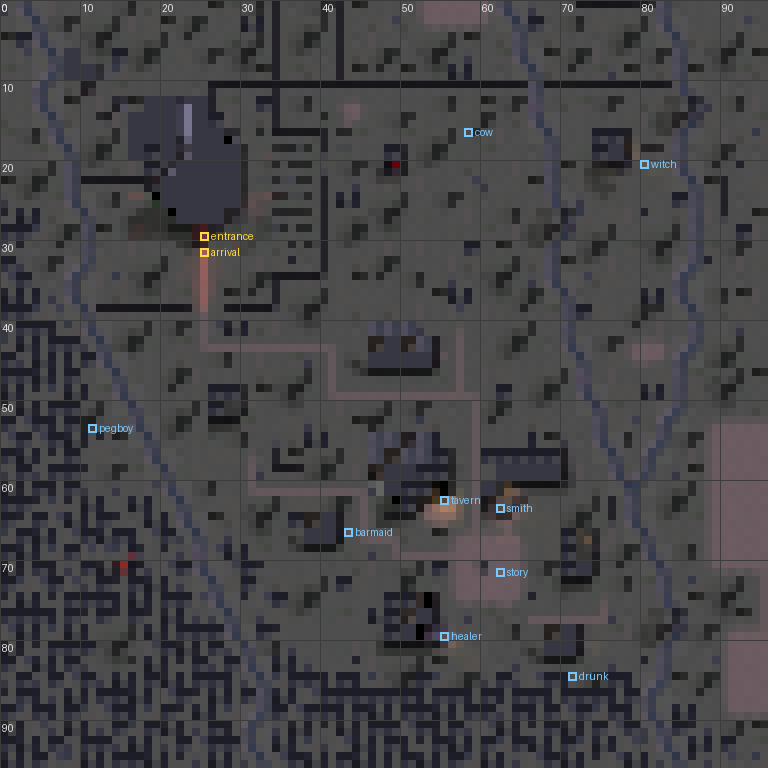 A top-down grid of Tristram with coordinates every ten squares and markers for the entrance and townspeople