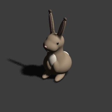 A 3D render of a brown rabbit sitting up, ears in a V, pale chest, casting a shadow to the left