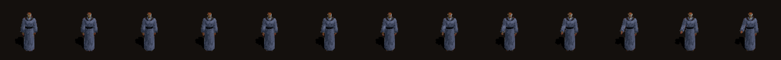 A row of thirteen frames of Cain, an old man in a blue-grey robe, standing almost still