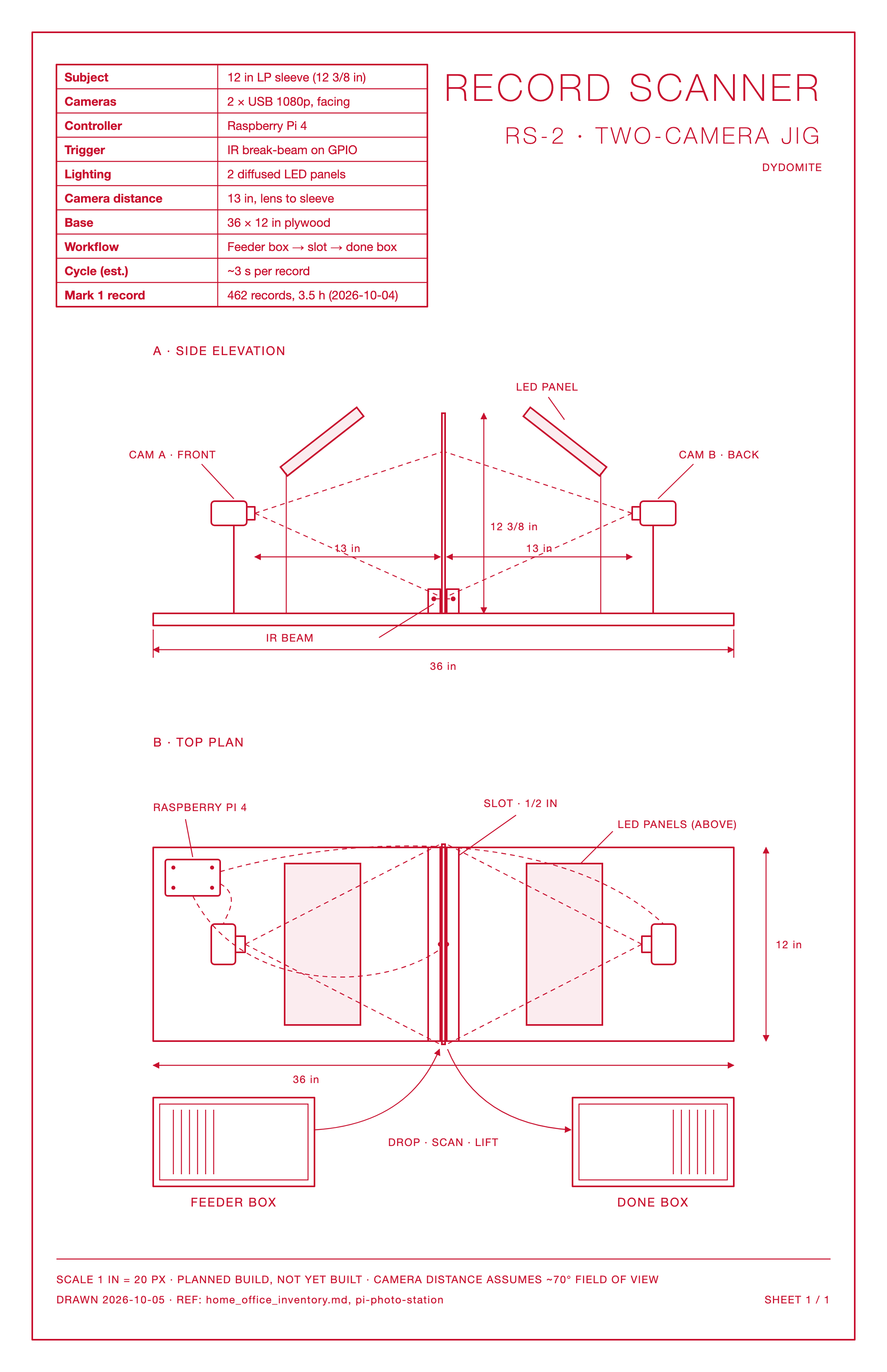 A drawing of a planned two-camera record scanner jig