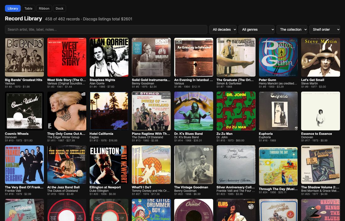 A web page showing a grid of record covers with titles, years and prices