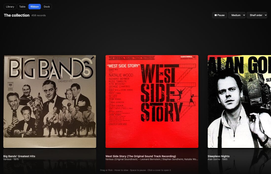 Record covers flowing across the screen in a ribbon