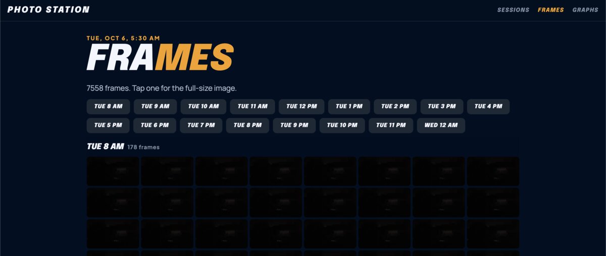 The station's frame browser: 7,558 frames grouped into hour buttons
